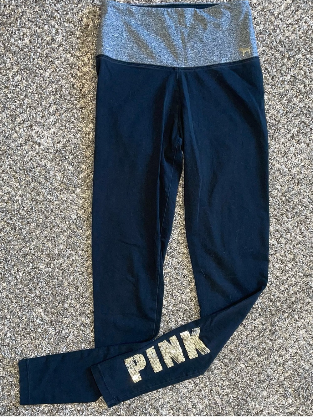 PINK Victoria's Secret Black Leggings with Gray Fold-Over Waistband Size XS
